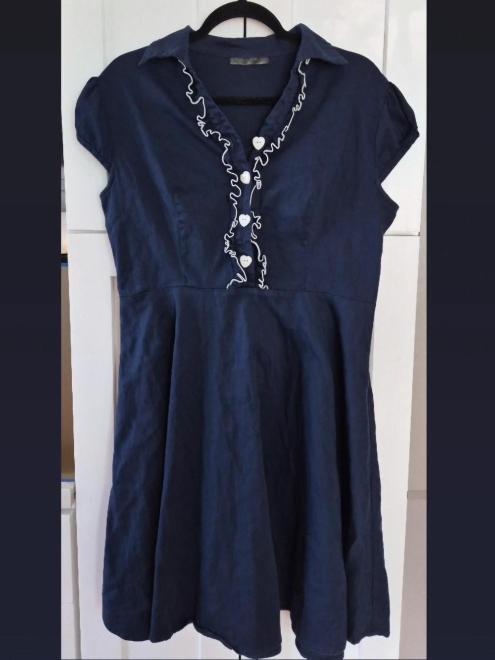 Navy Ruffle-Trim Short Sleeve Fit & Flare Mini Dress